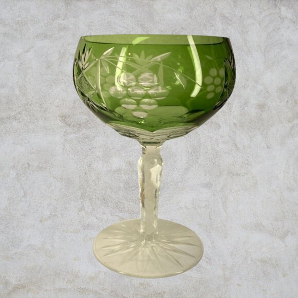 Champagne Coupes -- Green/Yellow Bohemian/Czech Cut-to-Clear Crystal, Set of 2 - Picture 5 of 6